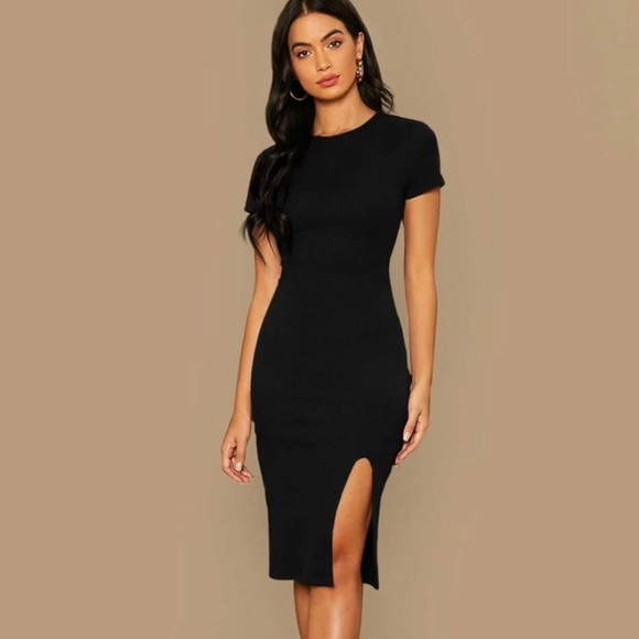 Dresses & Skirts - Rib-knit Slit Hen Bodycon Dress Black